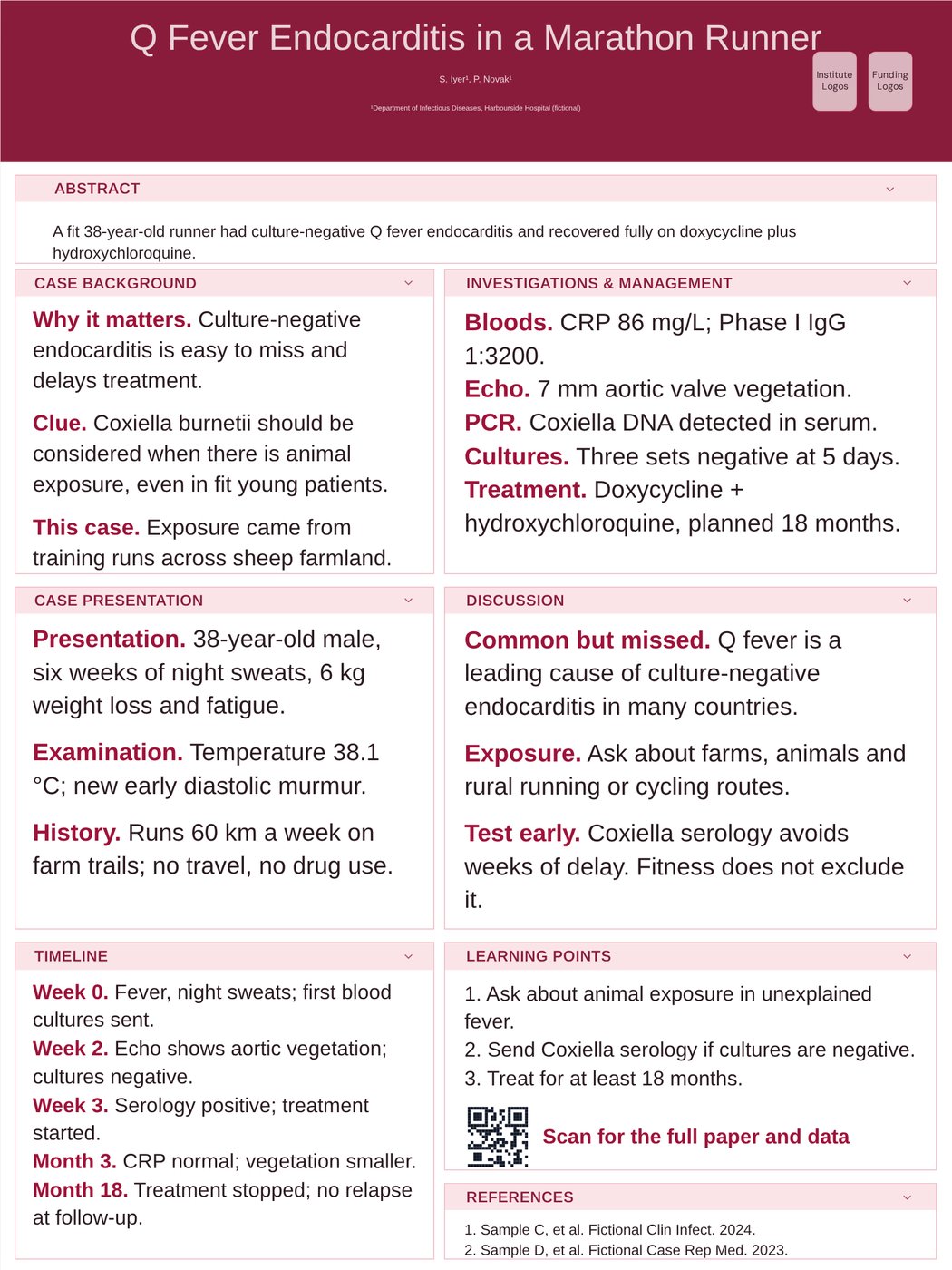 Clinical case report research poster example: Q fever endocarditis in a marathon runner